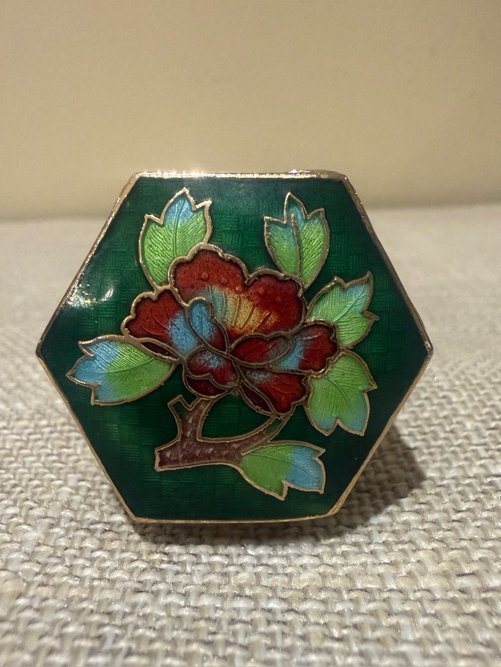 Vintage Chinese Cloisonne Green Hexagon Floral Trinket Box